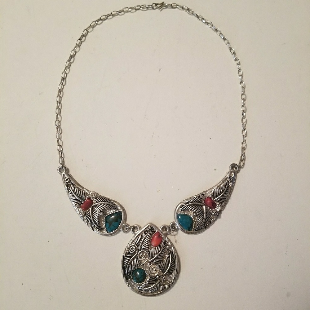 Vintage Turquoise and Red Coral Feather Necklace